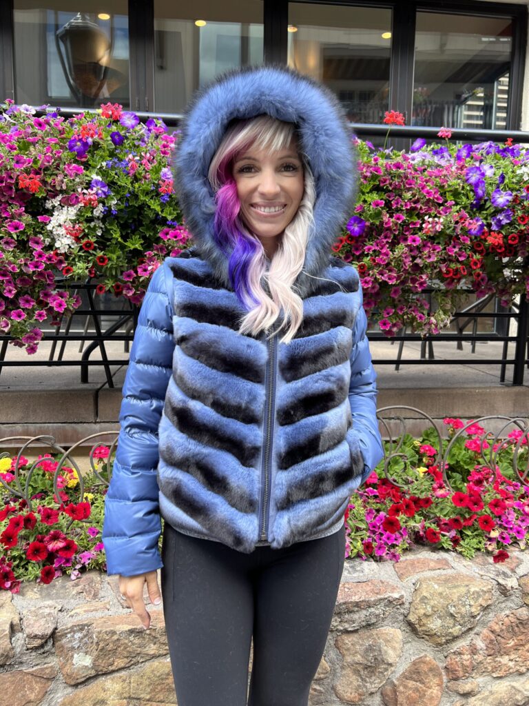 Introducing our electric blue reversible down jacket with rabbit fur vest and fox fur trim hood.  This jacket allows you to adapt your outfit to changing...