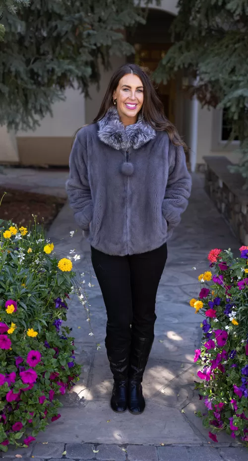 Blue Iris mink jacket with soft texture and plush fox fur trim collar, featuring a relaxed fit by Fantasia Furs.