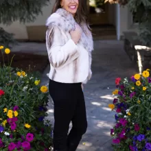 This natural sapphire cross mink jacket with platinum fox trim offers elegance and warmth. The mink’s unique pattern pairs beautifully with the soft platinum fox trim. Additionally, its luxurious design adds a refined touch to any outfit.