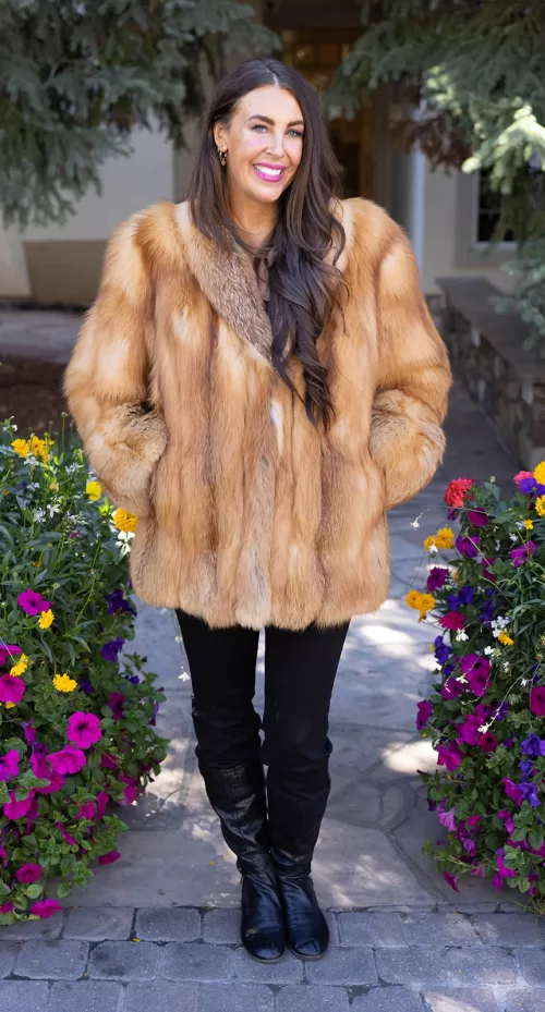 Natural red fox coat with a soft, fluffy texture and warm, luxurious fit by Fantasia Furs.