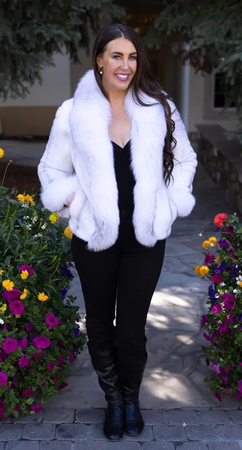 This natural sapphire cross mink jacket with platinum fox trim showcases luxurious style and warmth. The sapphire cross mink fur creates a stunning pattern, while the platinum fox trim adds a soft, elegant contrast. This jacket elevates any outfit, making it a perfect choice for those seeking sophistication and comfort.