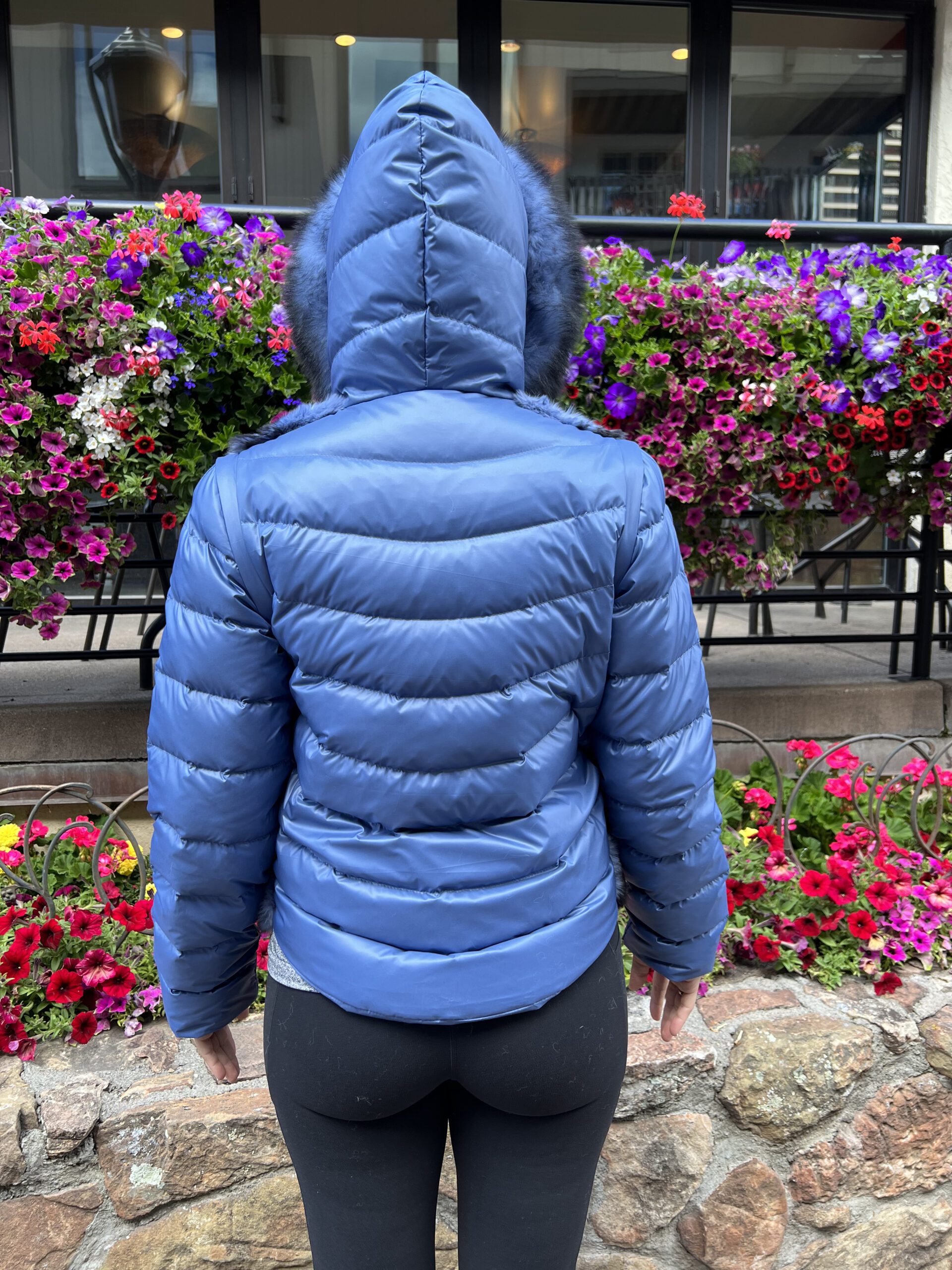 Introducing our electric blue reversible down jacket with rabbit fur vest and fox fur trim hood.  This jacket allows you to adapt your outfit to changing...