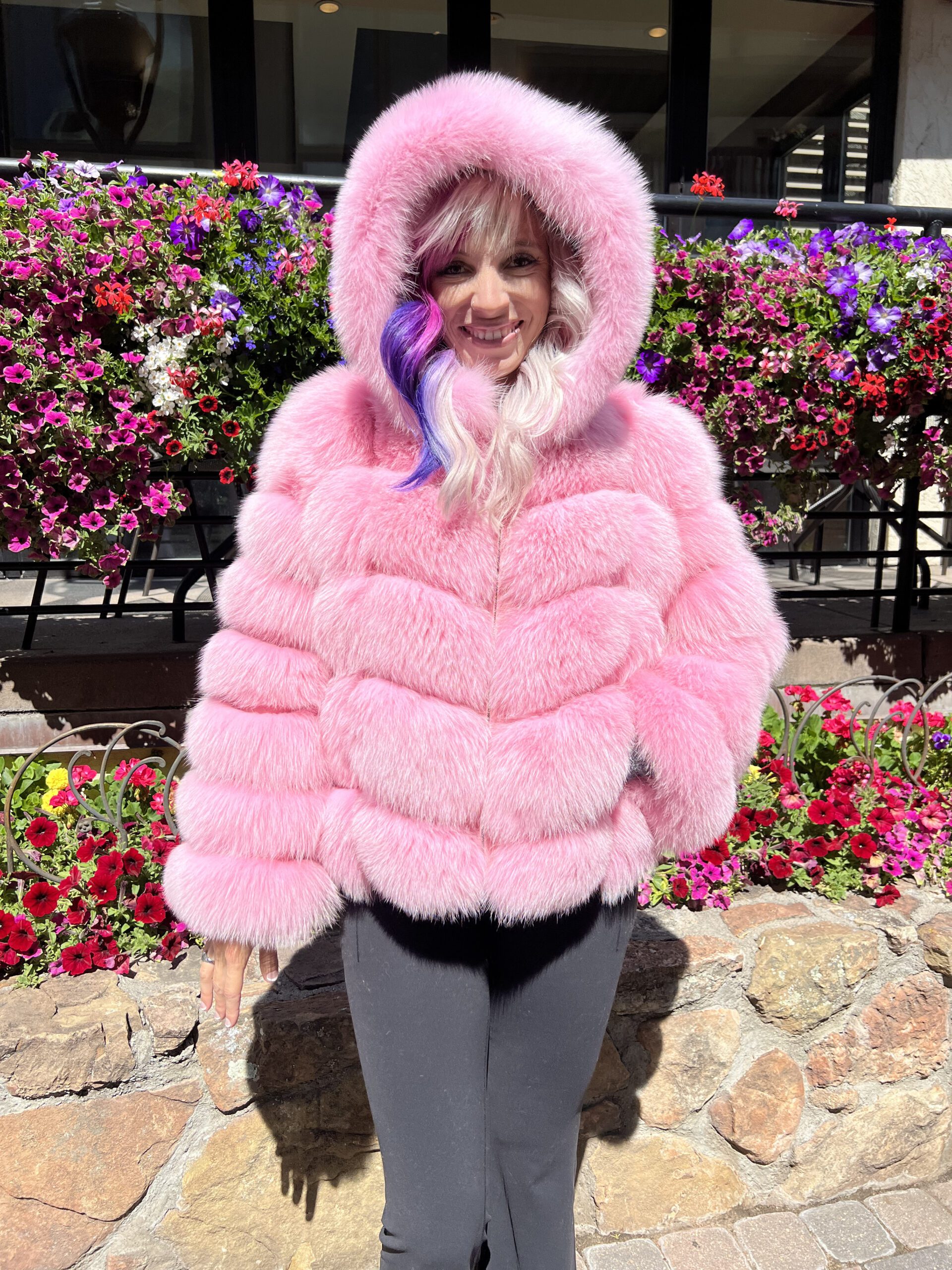Our dyed pink fox jacket with detachable sleeves and hood is playful yet elegant. It brings a pop of color and versatility to any wardrobe.  This jacket...
