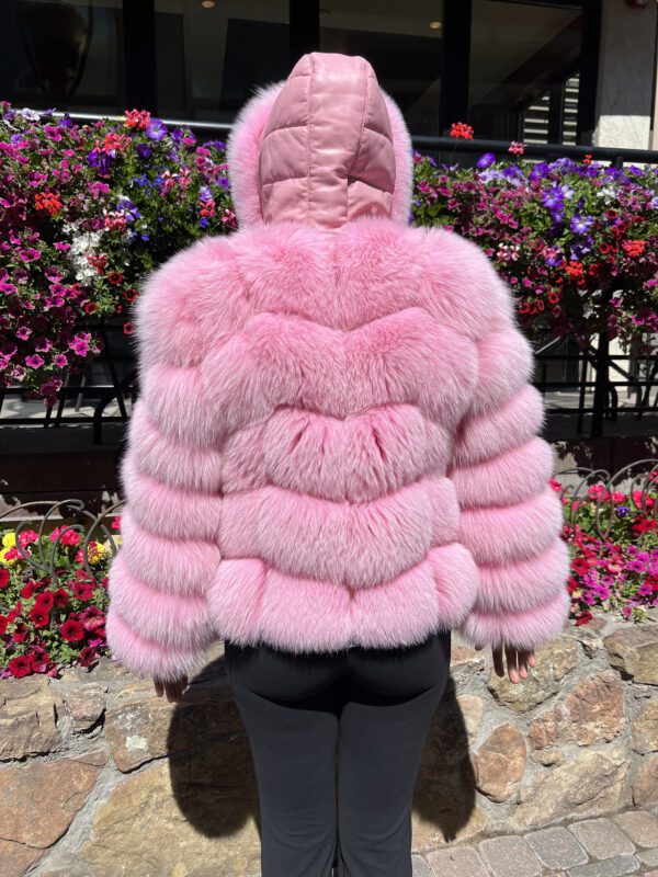 Our dyed pink fox jacket with detachable sleeves and hood is playful yet elegant. It brings a pop of color and versatility to any wardrobe.  This jacket...