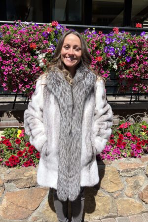 Our natural black cross mink jacket with natural silver fox trim is a stunning piece that is elegant and luxe. This combination of mink and fox fur...