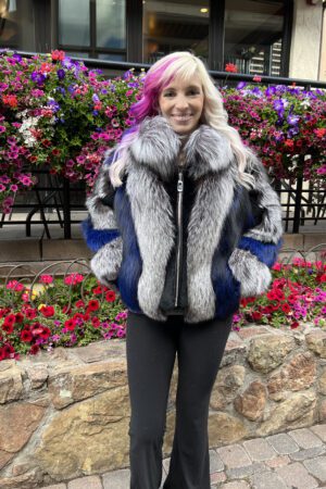 Our natural silver fox fur and dyed blue fox fur zip-up jacket is luxe and stylish. The silver fox offers a dense texture and shine. The blue fox adds...