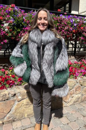 Our natural silver fox jacket with dyed green fox fur and black rabbit accents has a unique and stylish look. This jacket is perfect for those who seek a...