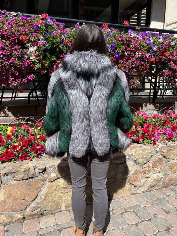 Our natural silver fox jacket with dyed green fox fur and black rabbit accents has a unique and stylish look. This jacket is perfect for those who seek a...