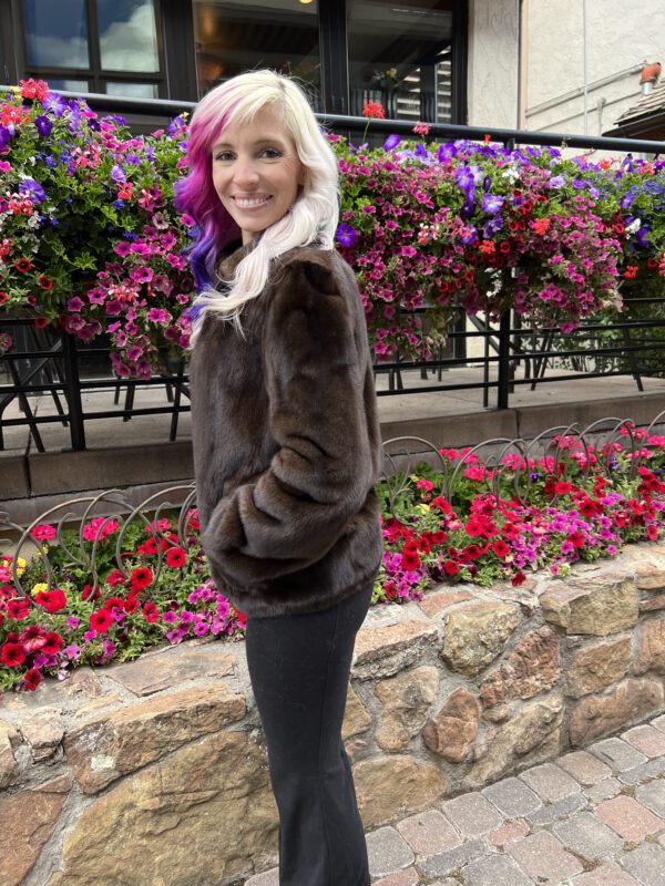 Our zip-up natural mahogany mink jacket combines function with luxe style. Made from mahogany mink fur, it has a deep brown color and is soft...