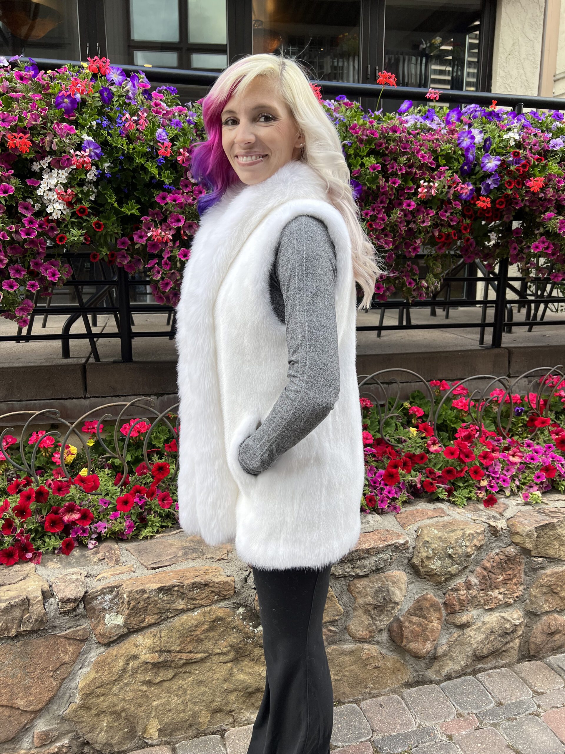 ur white mink vest with white fox tuxedo trim is elegant and warm. The addition of the fox tuxedo trim adds contrast while maintaining a monochromatic...