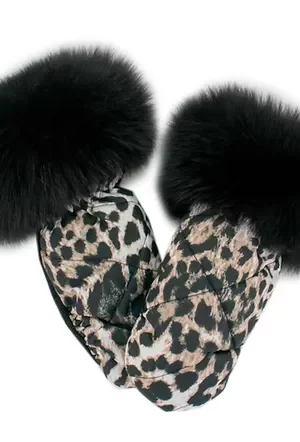 These animal print nylon mittens with black fox fur trim offer durability and water resistance. Perfect to keep hands warm and dry in cold weather. The...