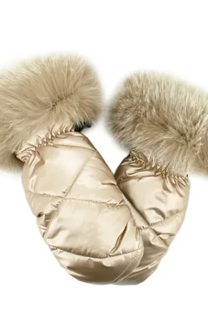 These champagne nylon mittens with champagne fox fur trim offer durability and water resistance. Perfect to keep hands warm and dry in cold weather...
