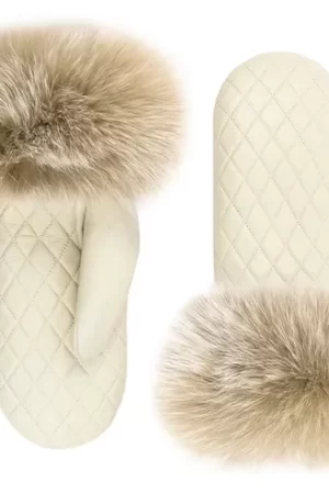 Ivory Leather Mittens with Blush Fox Trim