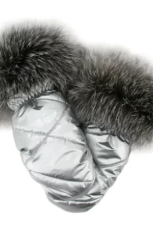 These silver nylon mittens with silver fox fur trim offer durability and water resistance. Perfect to keep hands warm and dry in cold weather. The trim...