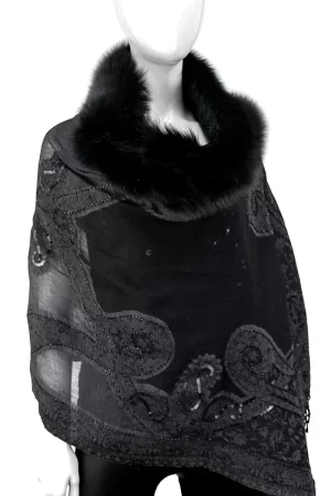 Black Beaded Woven Scarf with Fox Fur Trim
