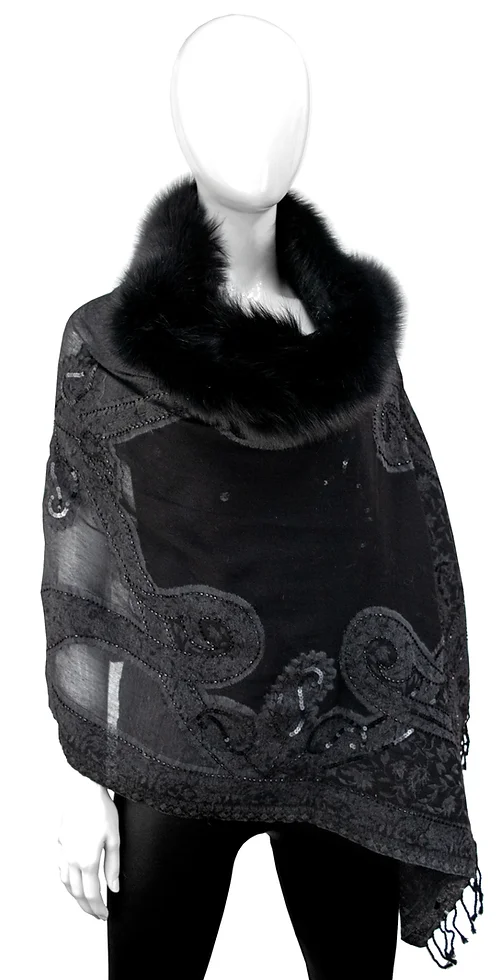 Black Beaded Woven Scarf with Fox Fur Trim