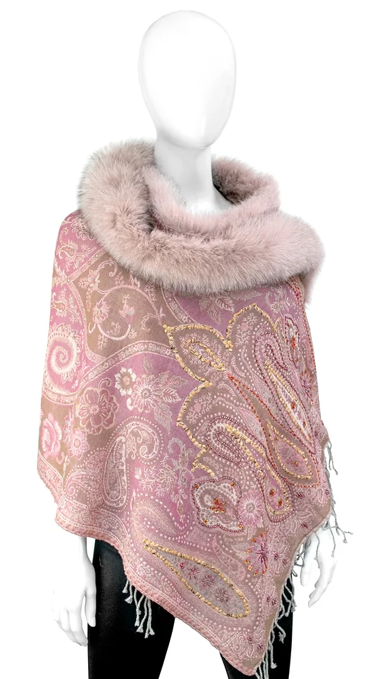 Dusty Pink Beaded Woven Scarf with Fox Fur Trim