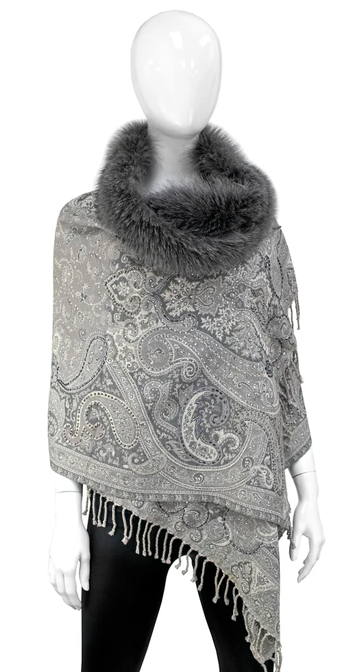 Light Grey Gray Beaded Woven Scarf with Fox Fur Trim