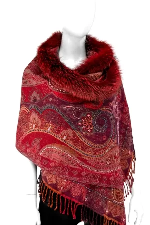 red beaded woven scarf with fox fur trim
